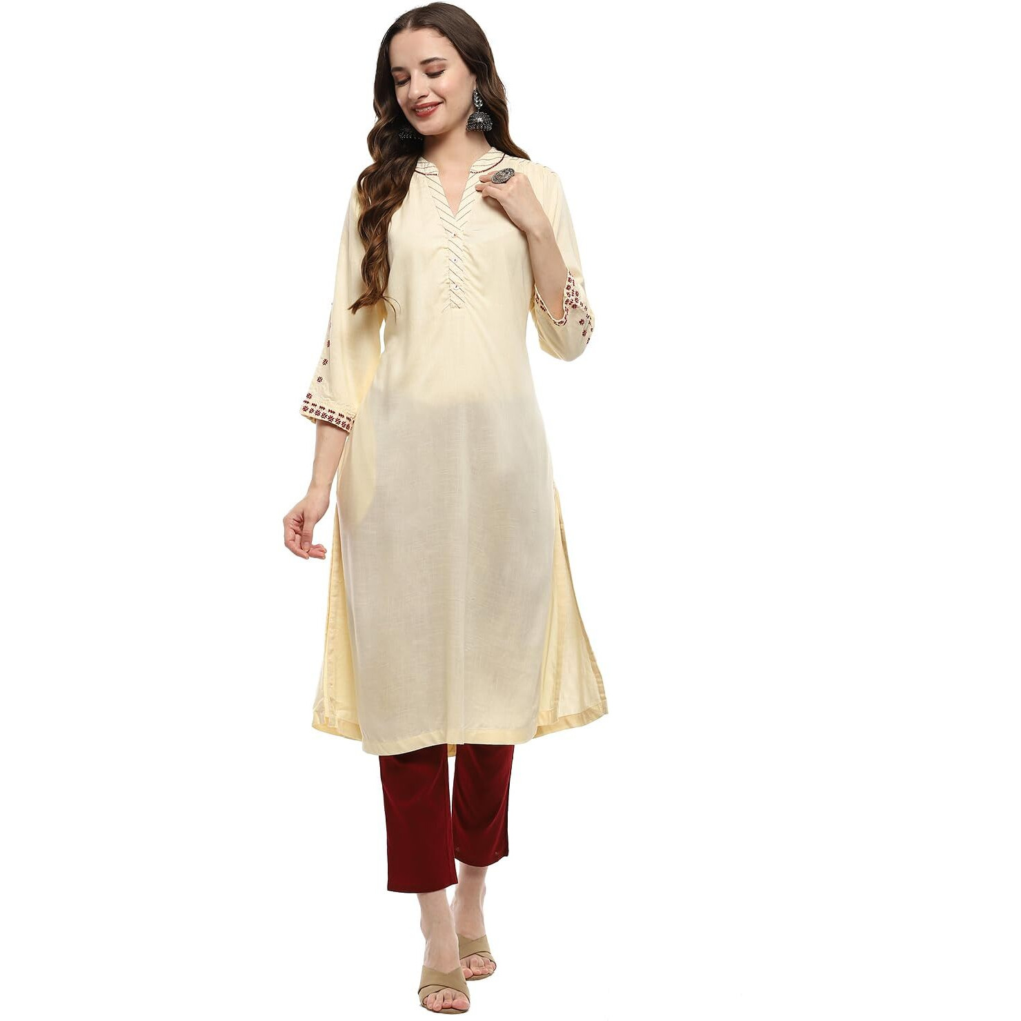 BIBA Women's Rayon Regular Kurta (SCRAC20652AW24OWHT_White
