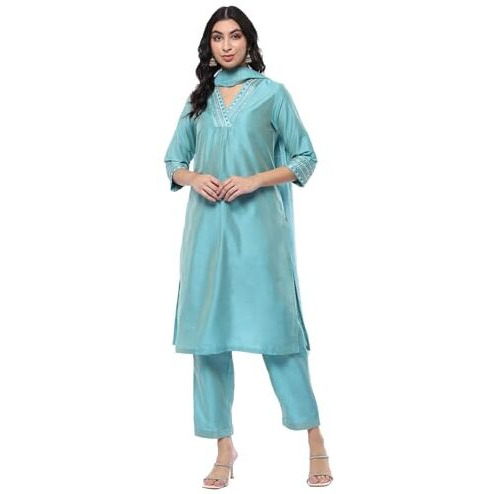BIBA Women's Powder Blue Polyester Blend Straight Suit Set (SKDASRT10197AW24POWBLU
