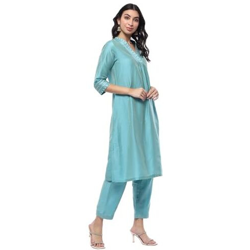 BIBA Women's Powder Blue Polyester Blend Straight Suit Set (SKDASRT10197AW24POWBLU