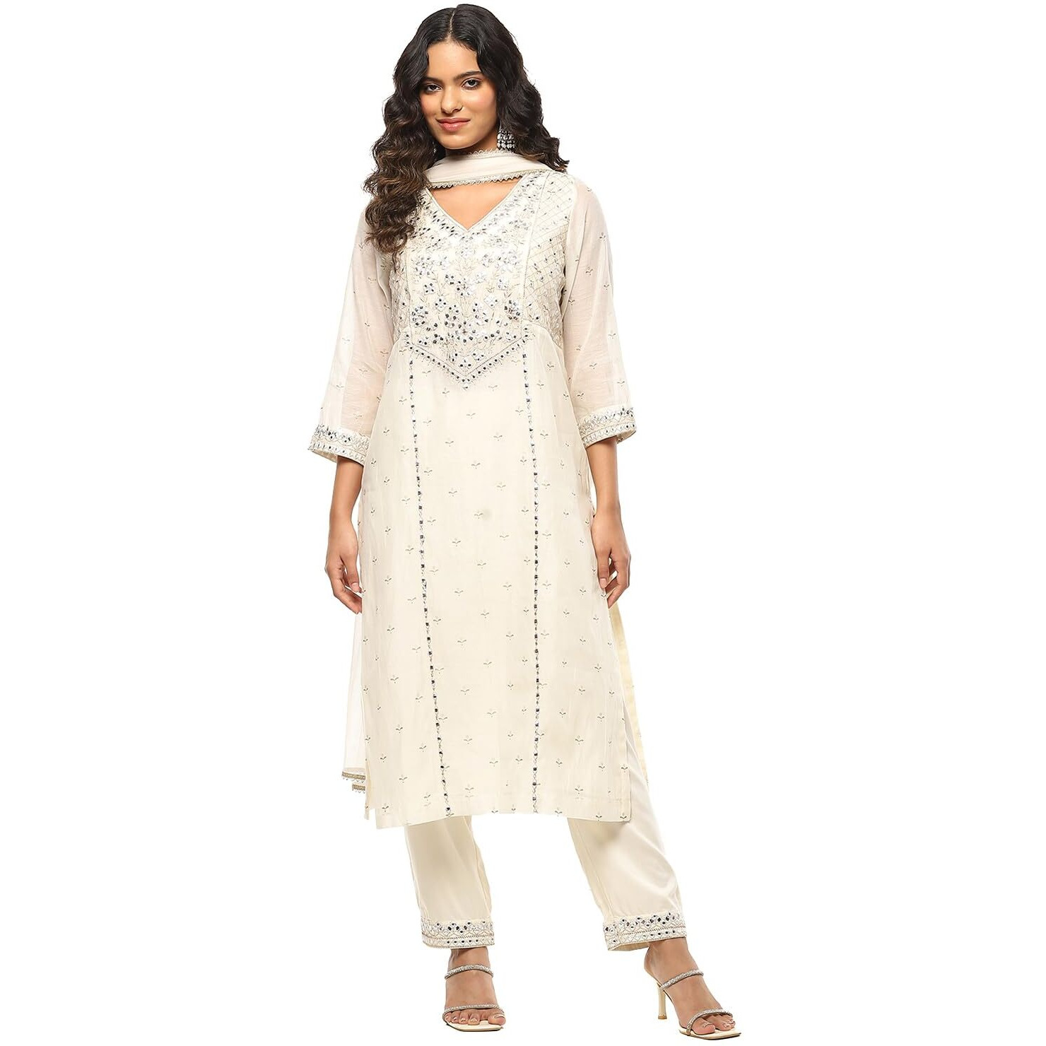 BIBA Women's Poly Chanderi Kurta Sets (SKDRIVYT10120AW24OWHT_Offwhite