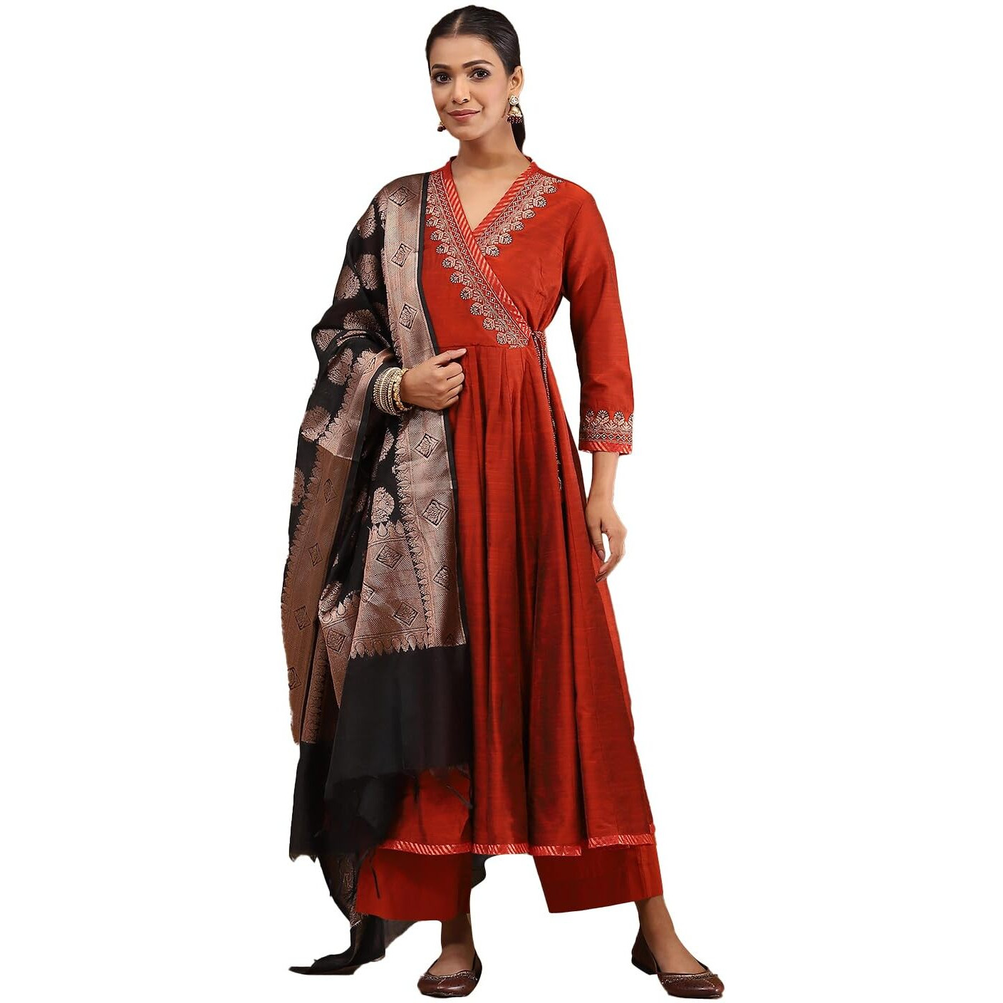 BIBA Women's Poly Viscose Slub Solid Regular Kur,Bustr,Pla (SKDTGW10130AW24RUST_Rust