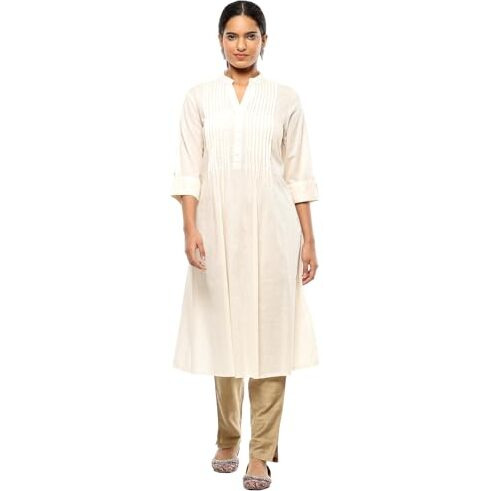 BIBA Women's Cotton Solid Regular Kurtas (SLDCR21227EAW24ECRU_Ecru