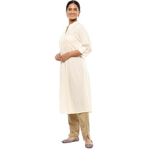 BIBA Women's Cotton Solid Regular Kurtas (SLDCR21227EAW24ECRU_Ecru