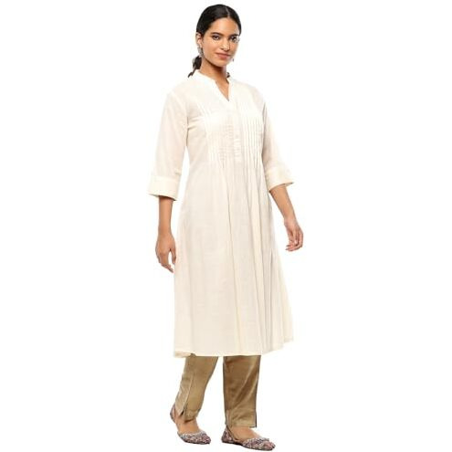 BIBA Women's Cotton Solid Regular Kurtas (SLDCR21227EAW24ECRU_Ecru