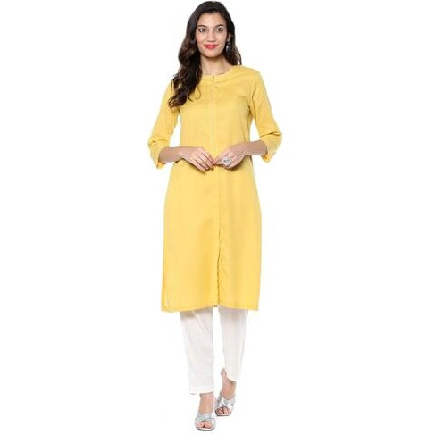 BIBA Women's Cotton Blend Solid Regular Kurtas (SLDCR21225EAW24MLWYEL_Mellow Yellow