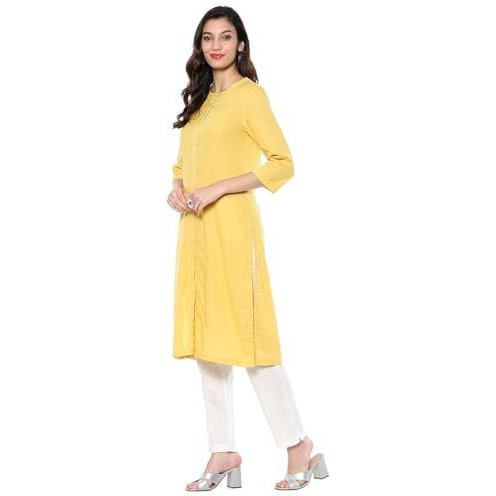 BIBA Women's Cotton Blend Solid Regular Kurtas (SLDCR21225EAW24MLWYEL_Mellow Yellow