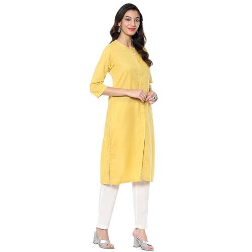 BIBA Women's Cotton Blend Solid Regular Kurtas (SLDCR21225EAW24MLWYEL_Mellow Yellow