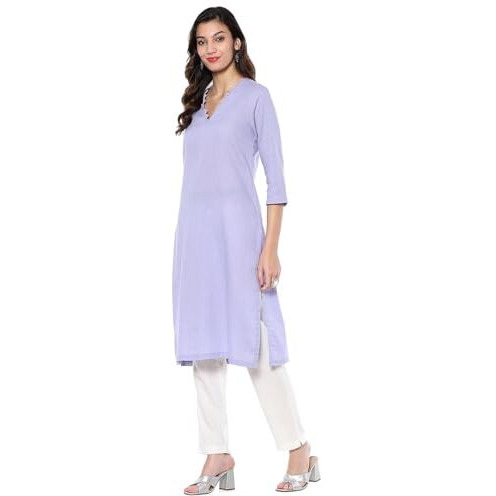 BIBA Women's Cotton Blend Solid Regular Kurtas (SLDCR21224EAW24LLC_Lilac