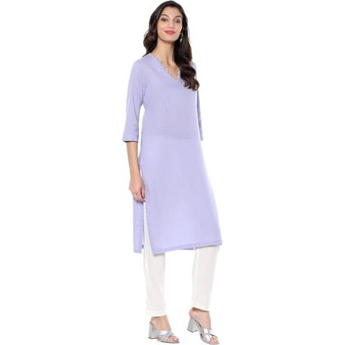 BIBA Women's Cotton Blend Solid Regular Kurtas (SLDCR21224EAW24LLC_Lilac