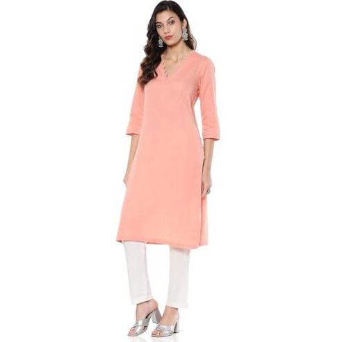 BIBA Women's Cotton Blend Solid Regular Kurtas (SLDCR21224EAW24PCH_Peach
