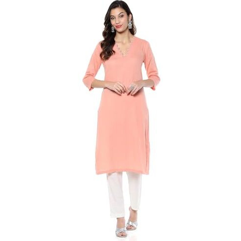 BIBA Women's Cotton Blend Solid Regular Kurtas (SLDCR21224EAW24PCH_Peach