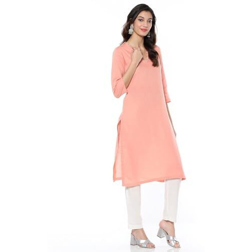 BIBA Women's Cotton Blend Solid Regular Kurtas (SLDCR21224EAW24PCH_Peach