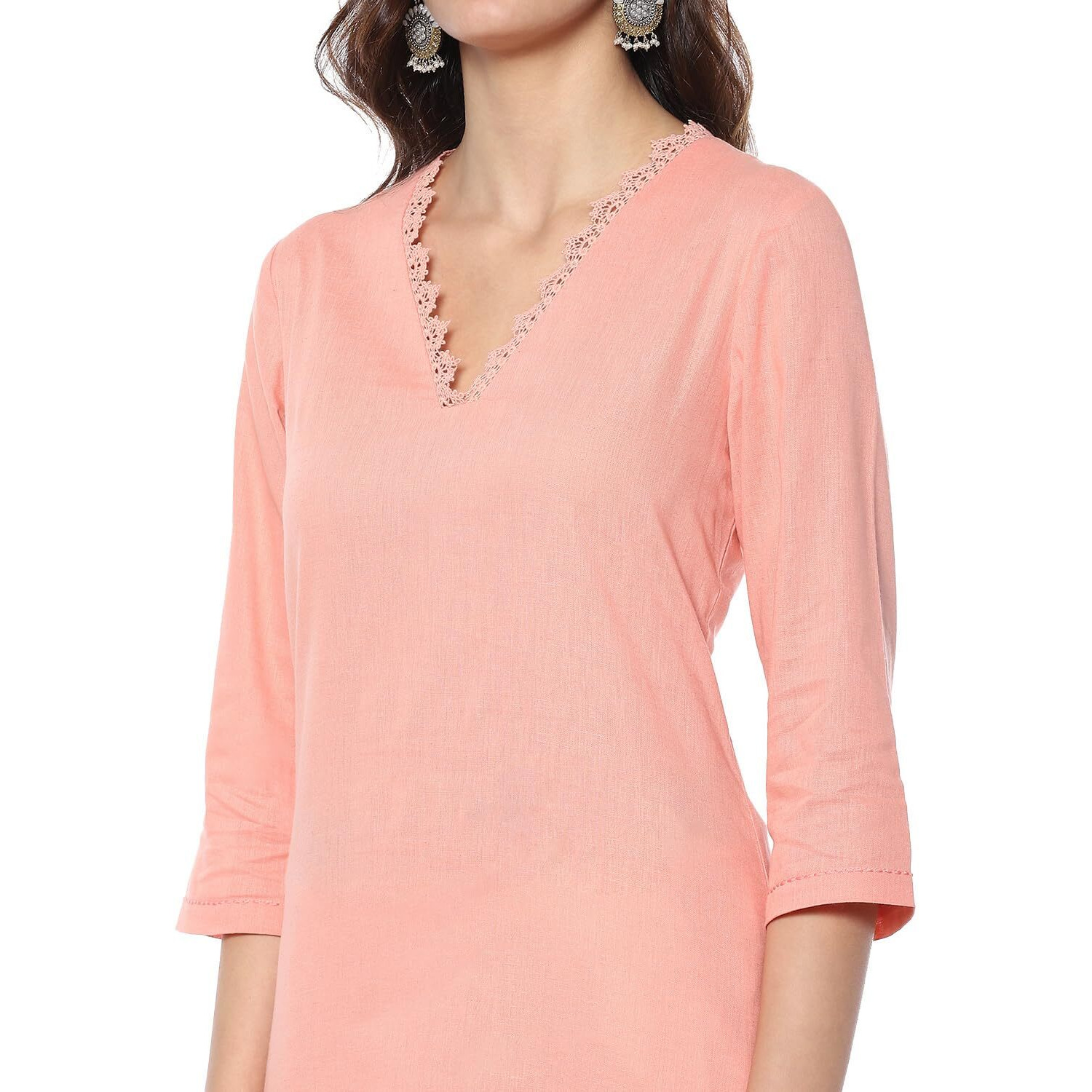 BIBA Women's Cotton Blend Solid Regular Kurtas (SLDCR21224EAW24PCH_Peach