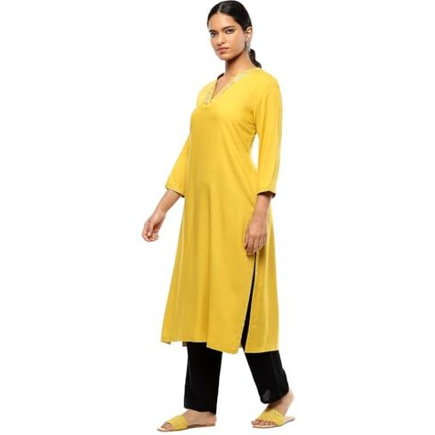BIBA Women's Rayon Solid Regular Kurtas (SLDCR21223EAW24MUST_Mustard