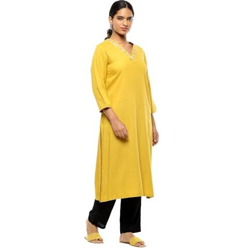 BIBA Women's Rayon Solid Regular Kurtas (SLDCR21223EAW24MUST_Mustard