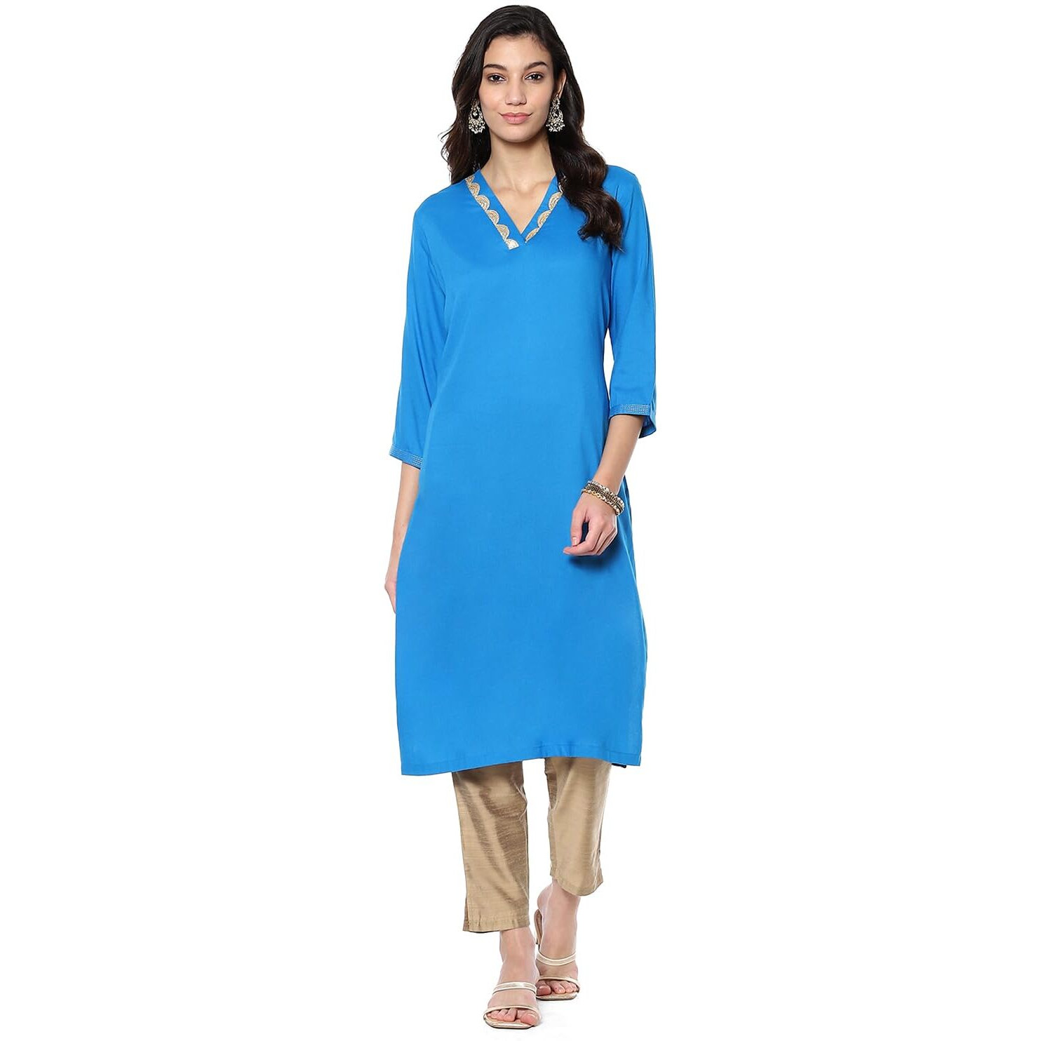 BIBA Women's Rayon Solid Regular Kurtas (SLDCR21223EAW24ELCBLU_Electric Blue