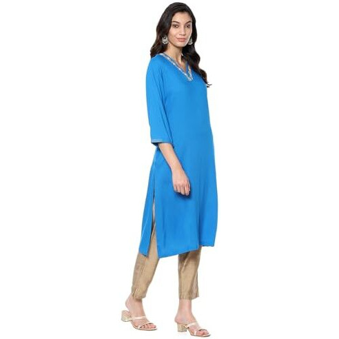 BIBA Women's Rayon Solid Regular Kurtas (SLDCR21223EAW24ELCBLU_Electric Blue