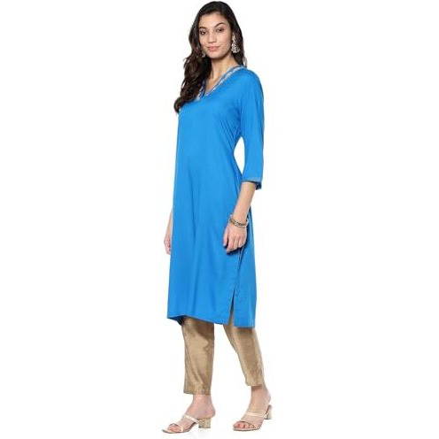 BIBA Women's Rayon Solid Regular Kurtas (SLDCR21223EAW24ELCBLU_Electric Blue