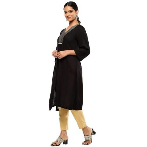 BIBA Women's Rayon Solid Regular Kurtas (SLDCR21221EAW24BLK_Black