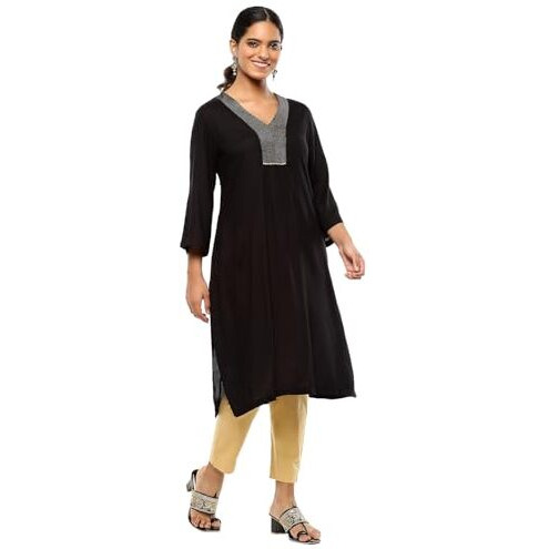 BIBA Women's Rayon Solid Regular Kurtas (SLDCR21221EAW24BLK_Black