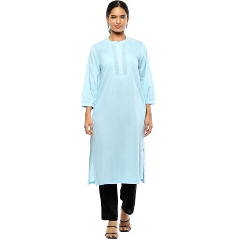 BIBA Women's Cotton Solid Regular Kurtas (SLDCR21230EAW24ICEBLU_Ice Blue