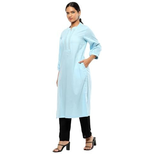 BIBA Women's Cotton Solid Regular Kurtas (SLDCR21230EAW24ICEBLU_Ice Blue
