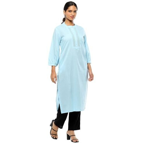 BIBA Women's Cotton Solid Regular Kurtas (SLDCR21230EAW24ICEBLU_Ice Blue