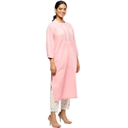 BIBA Women's Cotton Solid Regular Kurtas (SLDCR21230EAW24BLSPK_Blush Pink