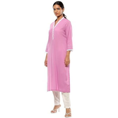 BIBA Women's Cotton Solid Regular Kurtas (SLDCR21229EAW24FNPNK_Fondant Pink