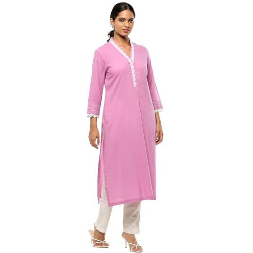 BIBA Women's Cotton Solid Regular Kurtas (SLDCR21229EAW24FNPNK_Fondant Pink