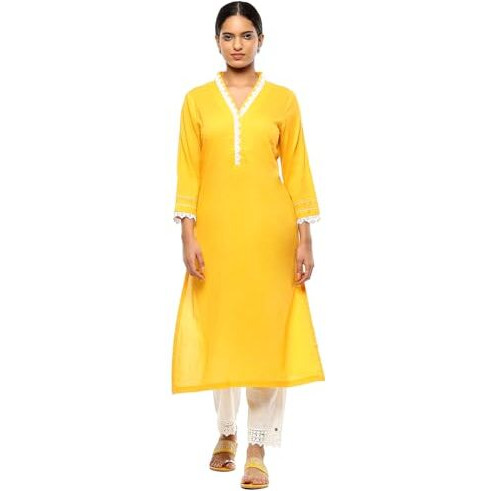 BIBA Women's Cotton Solid Regular Kurtas (SLDCR21229EAW24TMRYEL_Turmeric Yellow