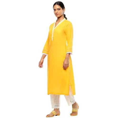 BIBA Women's Cotton Solid Regular Kurtas (SLDCR21229EAW24TMRYEL_Turmeric Yellow