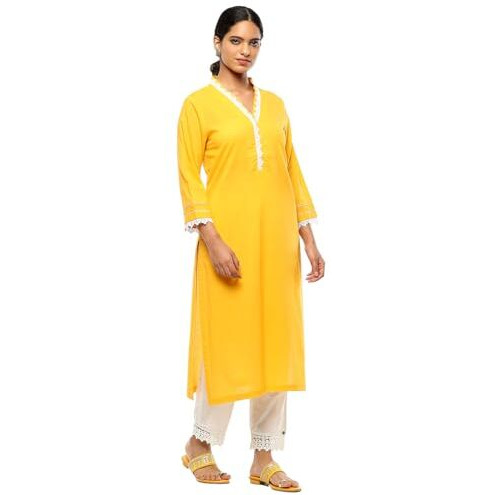 BIBA Women's Cotton Solid Regular Kurtas (SLDCR21229EAW24TMRYEL_Turmeric Yellow