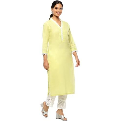BIBA Women's Cotton Solid Regular Kurtas (SLDCR21229EAW24MCGRN_Macha Green