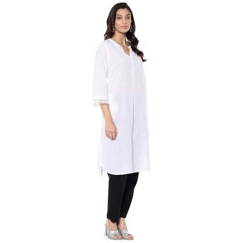 BIBA Women's Cotton Blend Solid Regular Kurtas (SLDCR21226EAW24WHT_White