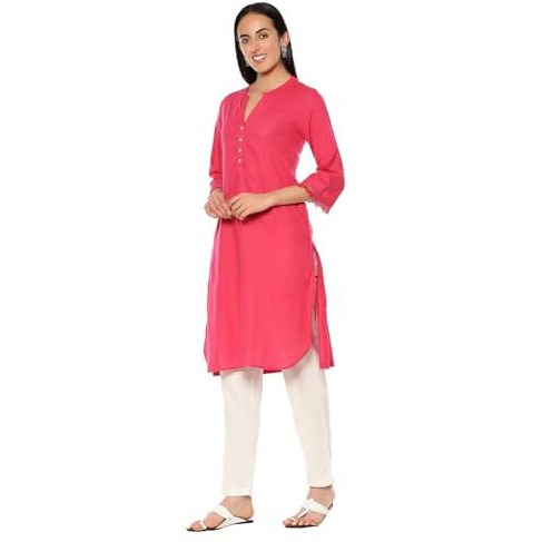 BIBA Women's Cotton Blend Solid Regular Kurtas (SLDCR21226EAW24PNK_Pink