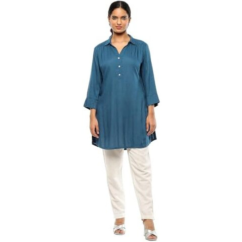 BIBA Women's Rayon Solid Regular Kurtas (SLDCR21576EAW24TEAL_Teal