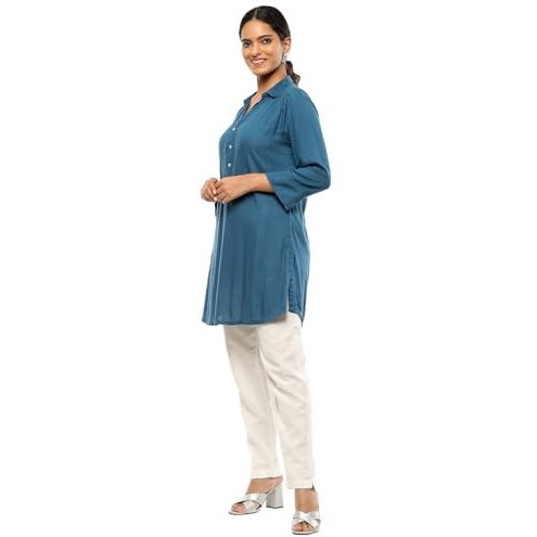 BIBA Women's Rayon Solid Regular Kurtas (SLDCR21576EAW24TEAL_Teal