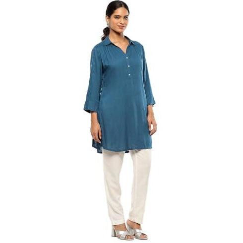 BIBA Women's Rayon Solid Regular Kurtas (SLDCR21576EAW24TEAL_Teal