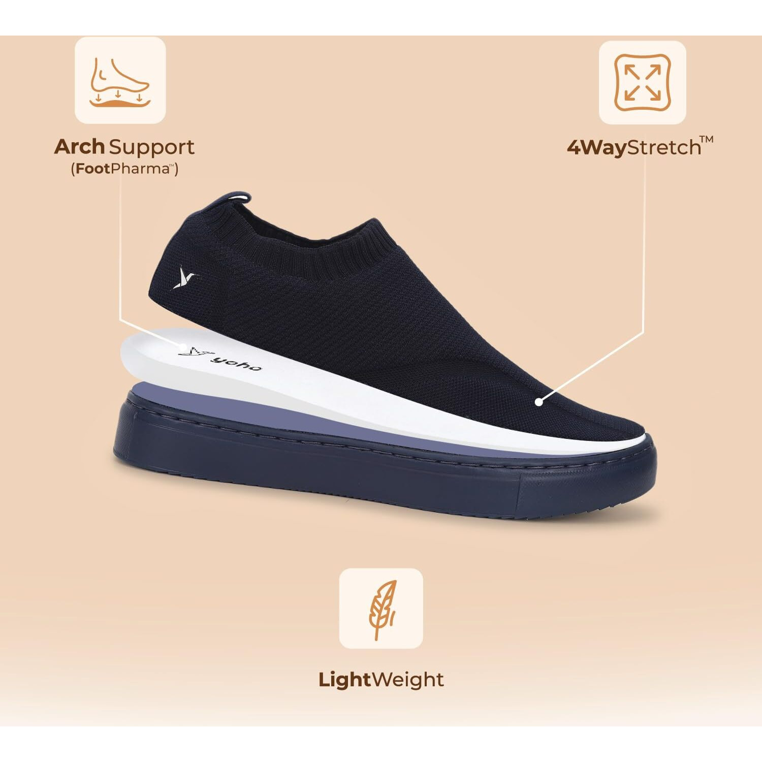YOHO FreeStep Spacious and Casual Slip on Shoes | Comfortable for Long Hours of Walking | Outperforms Memory Foam | Arch Support Insole | Mystery Blue - UK 8