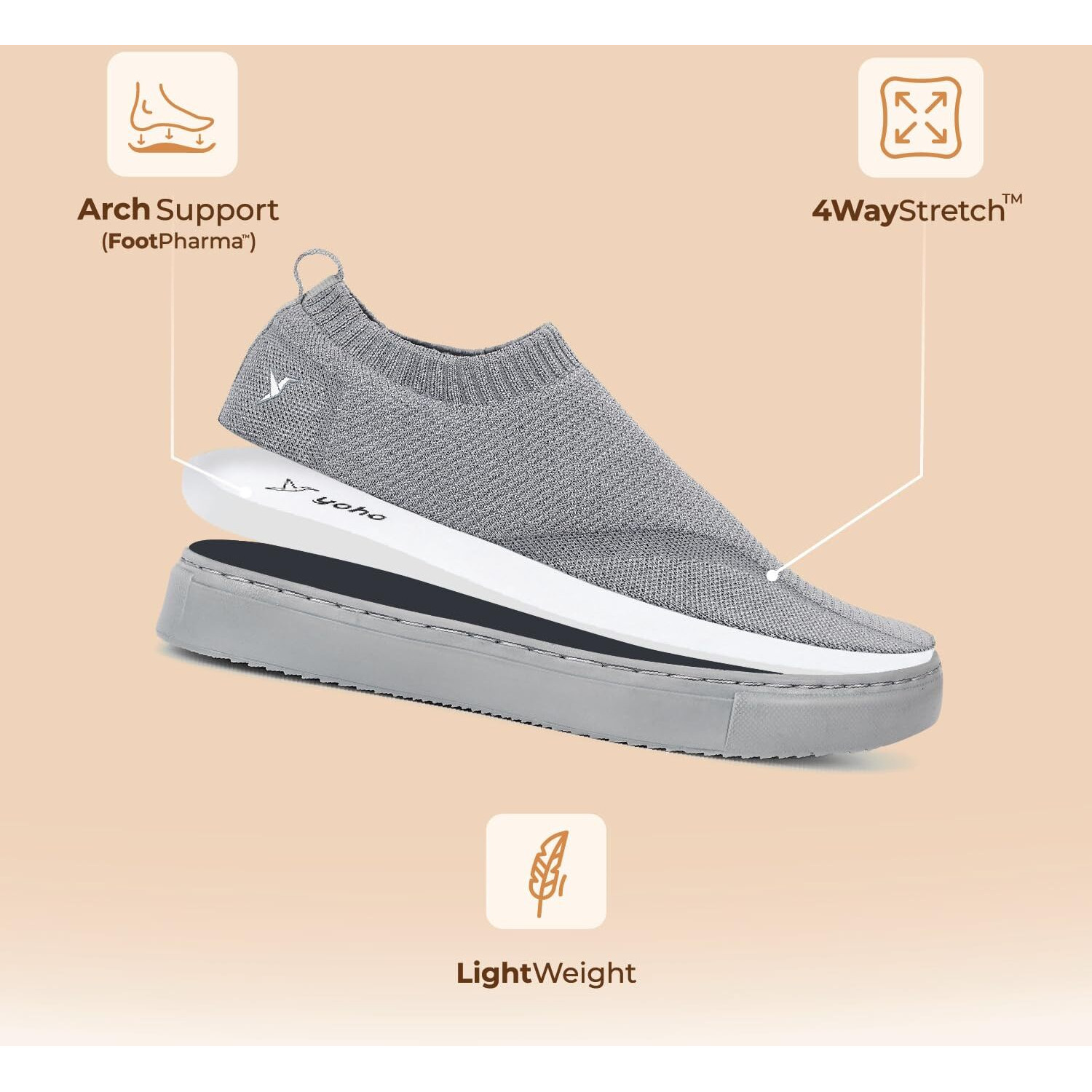 YOHO FreeStep Spacious and Casual Slip on Shoes | Comfortable for Long Hours of Walking | Outperforms Memory Foam | Arch Support Insole | Dove Grey - UK 8
