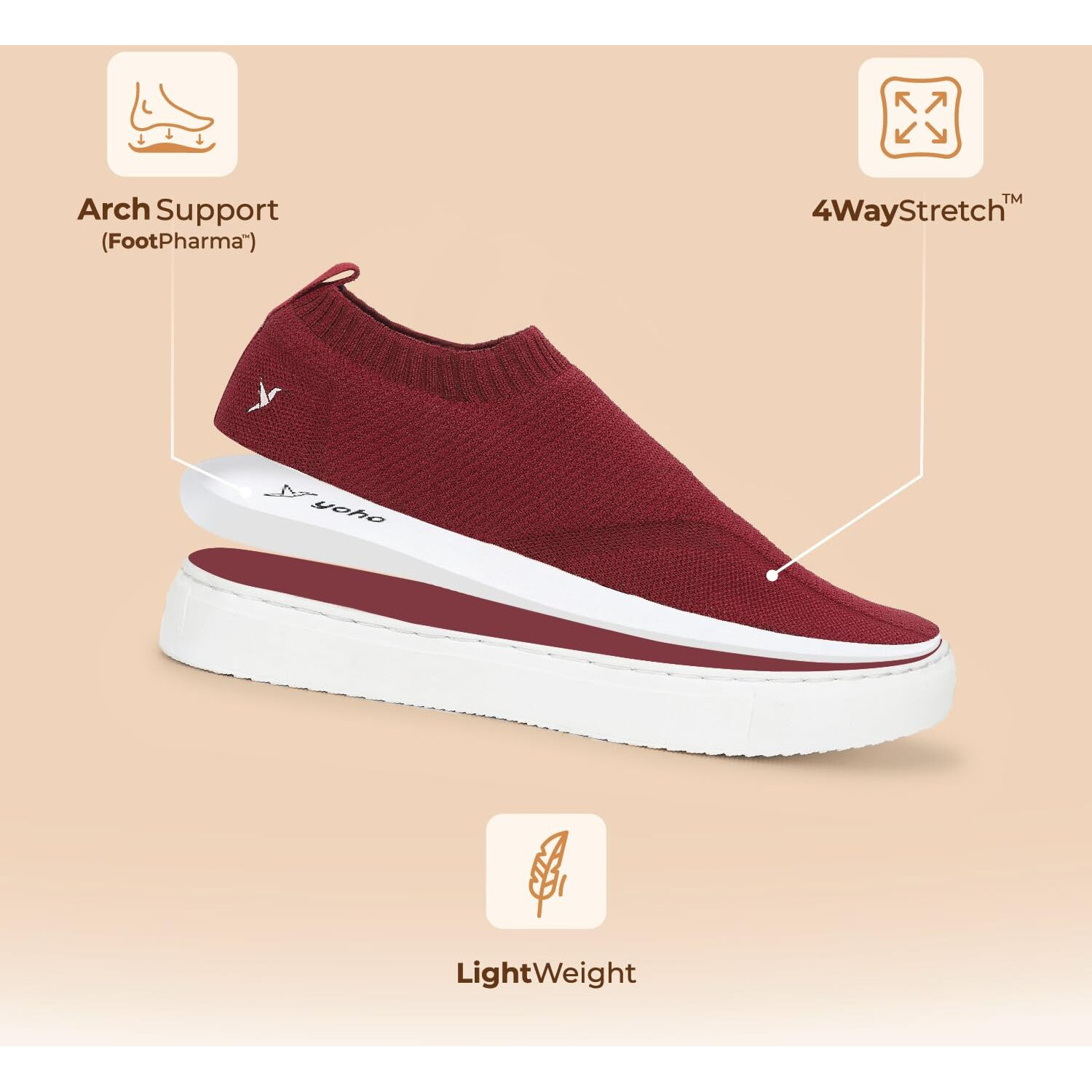 YOHO FreeStep Spacious and Casual Slip on Shoes | Comfortable for Long Hours of Walking | Outperforms Memory Foam | Arch Support Insole | Maroon - UK 8