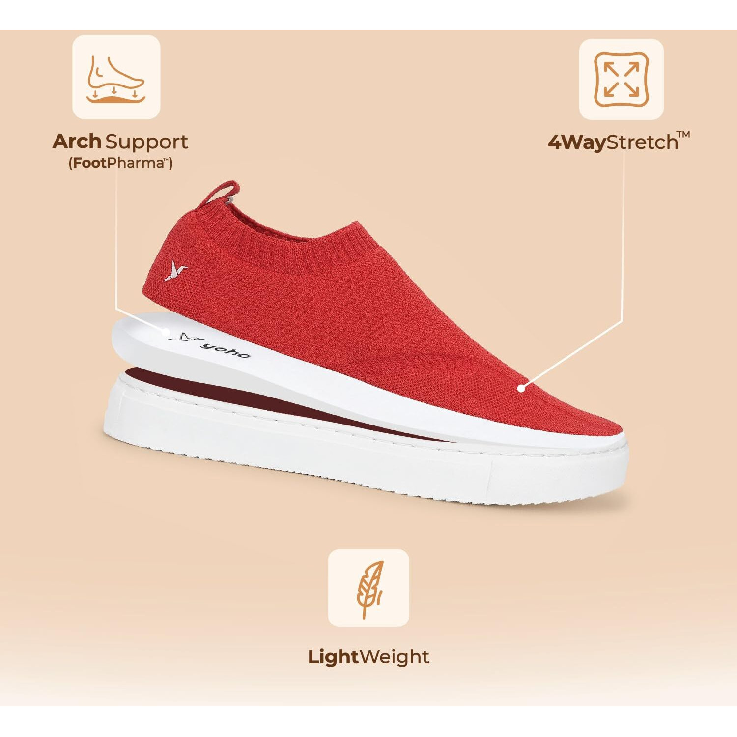 YOHO FreeStep Spacious and Casual Slip on Shoes | Comfortable for Long Hours of Walking | Outperforms Memory Foam | Arch Support Insole | Coral Red - UK 8