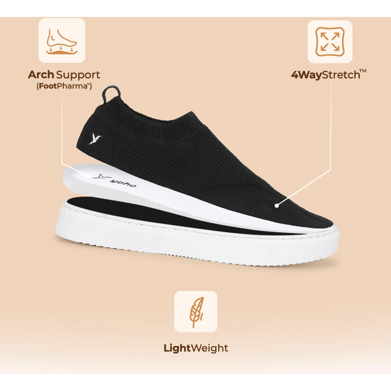 YOHO FreeStep Spacious and Casual Slip on Shoes | Comfortable for Long Hours of Walking | Outperforms Memory Foam | Arch Support Insole | Classic Black - UK 9