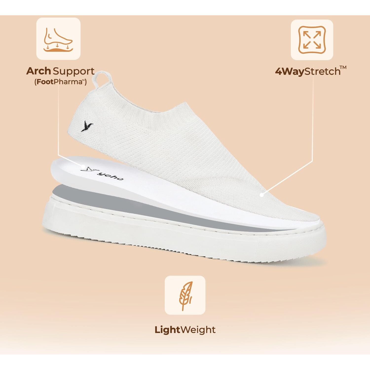 YOHO FreeStep Spacious and Casual Slip on Shoes | Comfortable for Long Hours of Walking | Outperforms Memory Foam | Arch Support Insole | White - UK 9