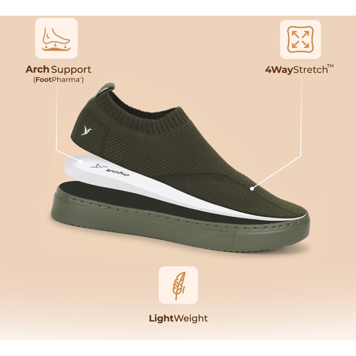 YOHO FreeStep Spacious and Casual Slip on Shoes | Comfortable for Long Hours of Walking | Outperforms Memory Foam | Arch Support Insole | Olive Green - UK 10