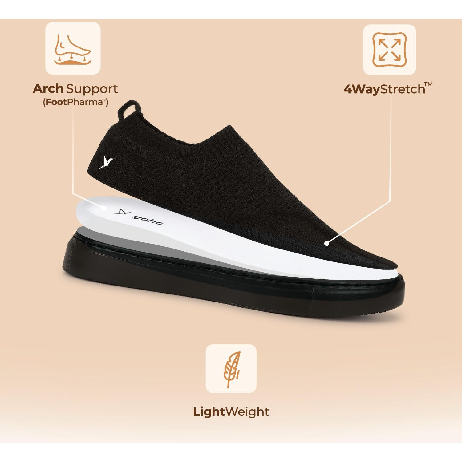 YOHO FreeStep Spacious and Casual Slip on Shoes | Comfortable for Long Hours of Walking | Outperforms Memory Foam | Arch Support Insole | Black - UK 11
