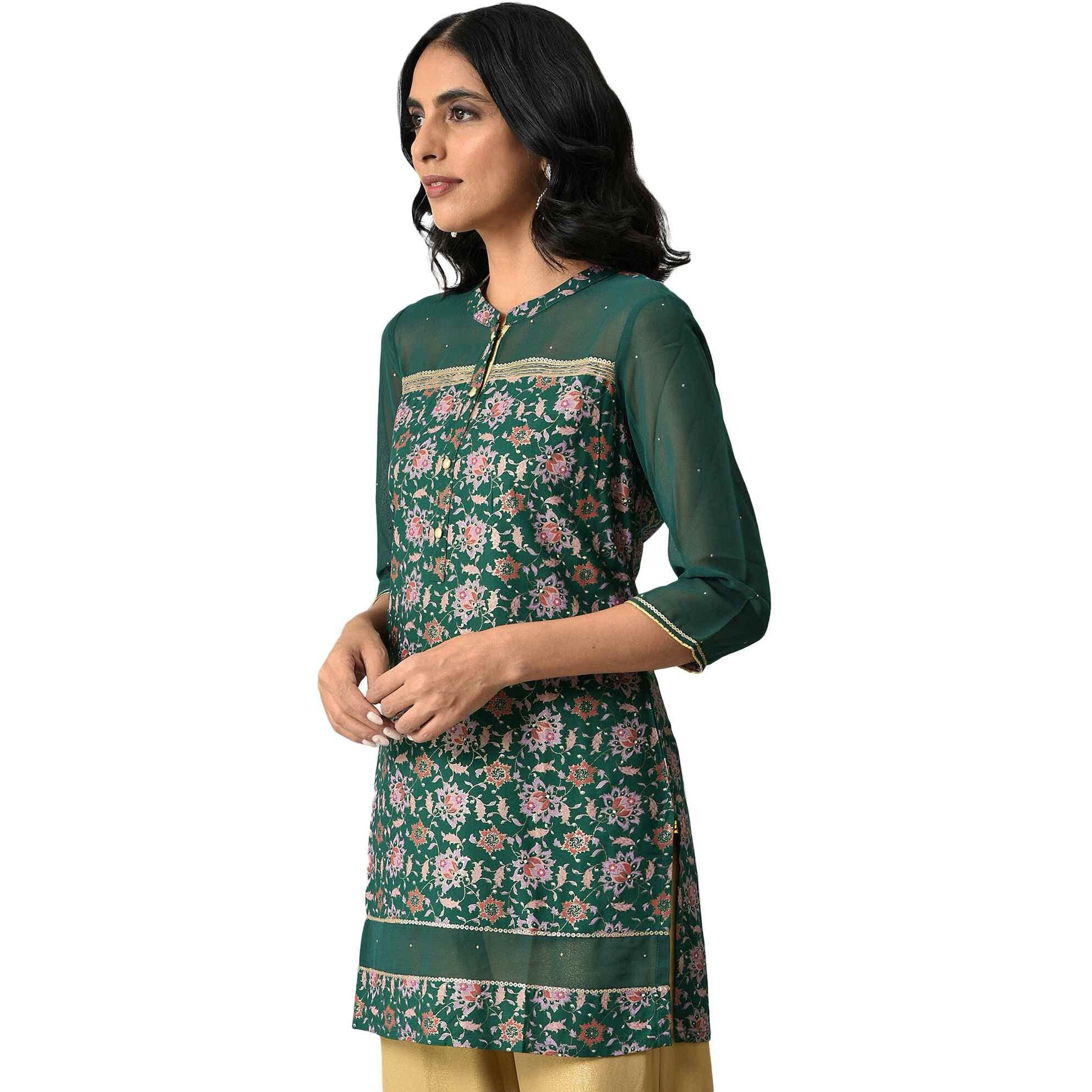 Green Floral Printed Sequined Ethnic Liva Kurta