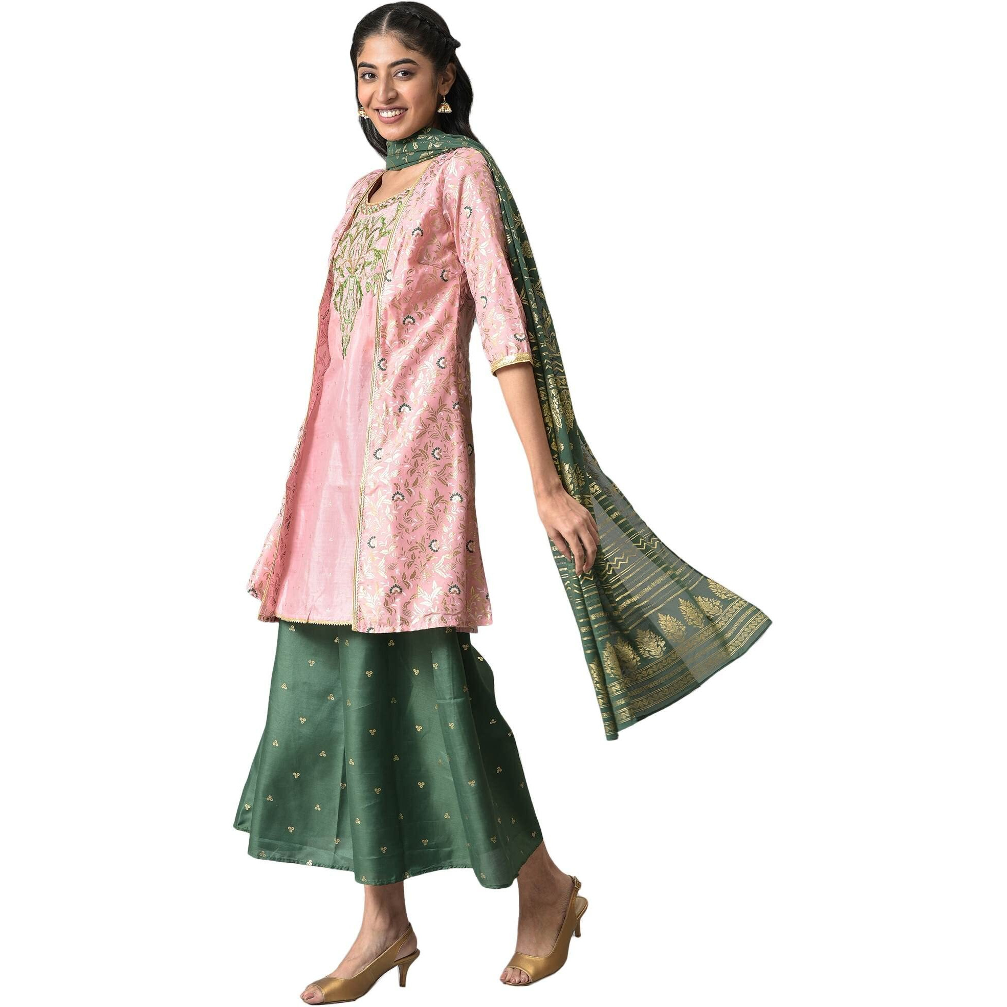 Aurelia Women Pink Zari Embroidered Kurta With Green Palazzo And Dupatta_22AUD10497-504408_L