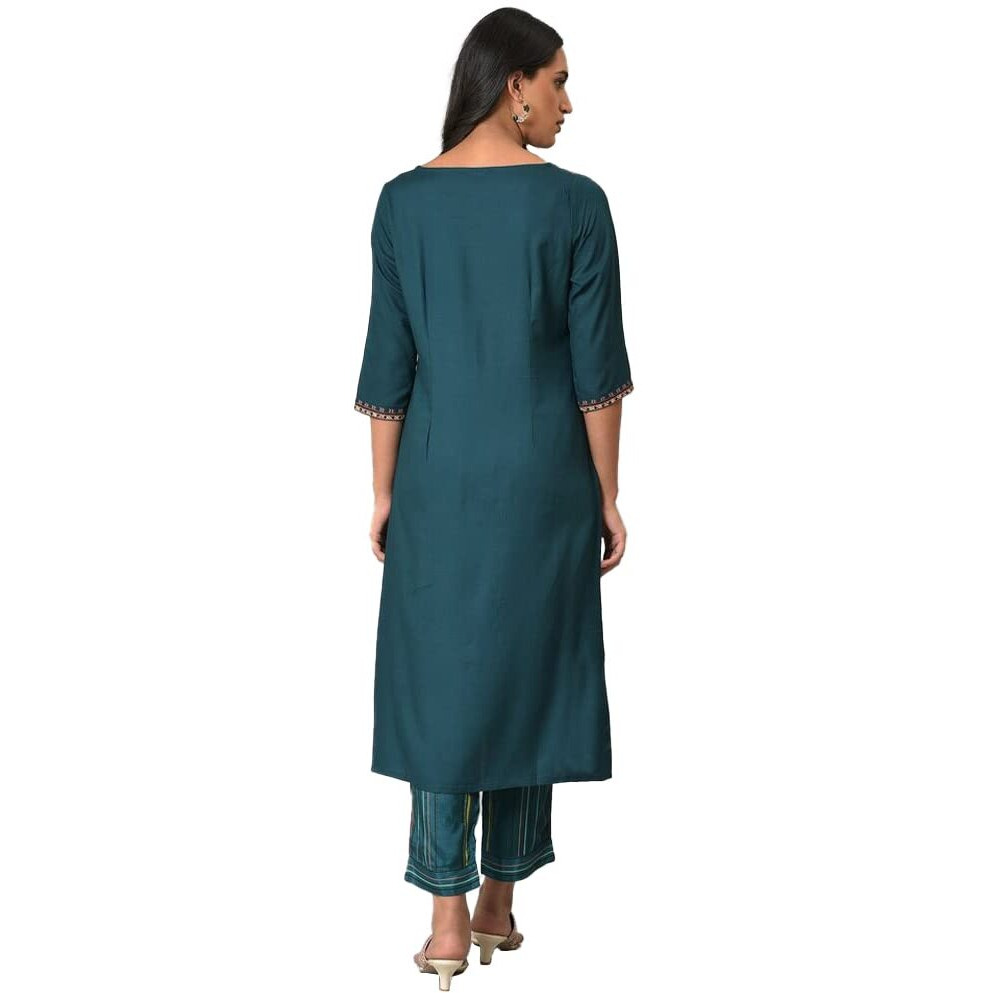 W for Woman Teal Printed A-line Mock Layer Kurta_23FEW18161-118736_S